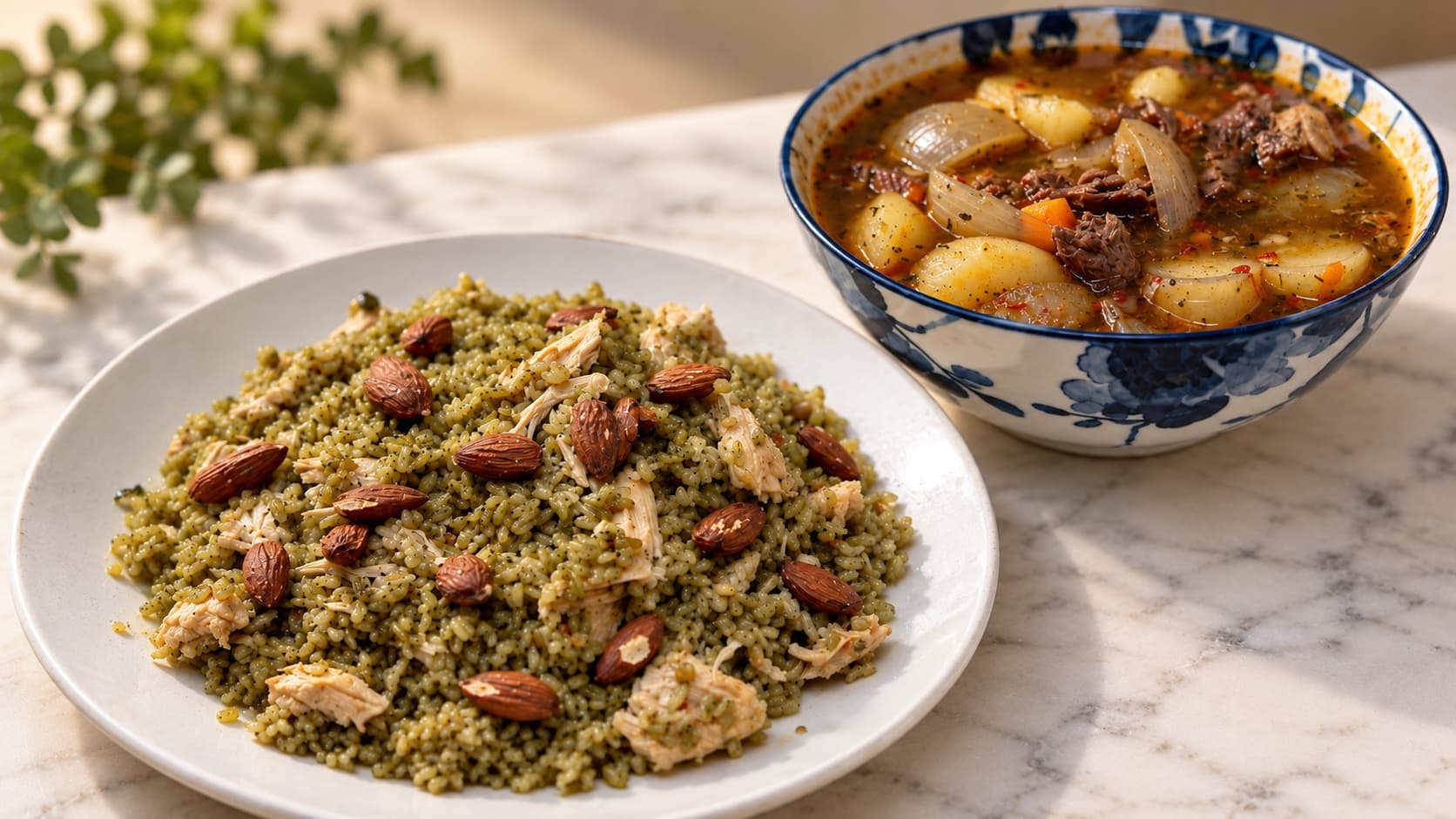 فريكة بالدجاج مع مرق ويخنة على الجانب