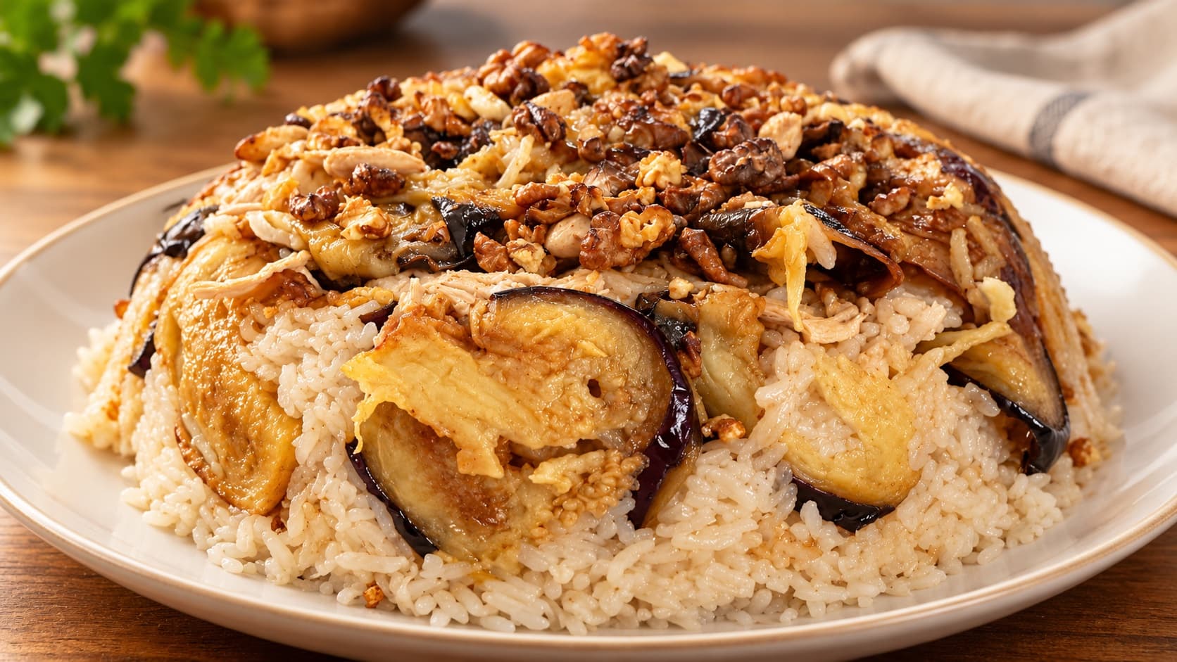 مقلوبة دجاج مع أرز وباذنجان ومكسرات على طبق تقديم